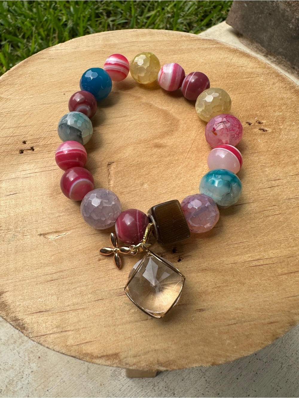 Multi-Color Beaded Bracelet with Crystal Pendant - Women Jewelry